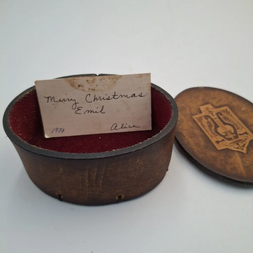 Vintage Leather Trinket Box Embossed Lyre Harp Emblem Red Velvet Lined Biblical